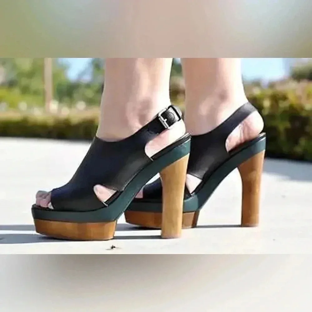 Marni + H&M black green wood leather chunky heel’s platform sandals